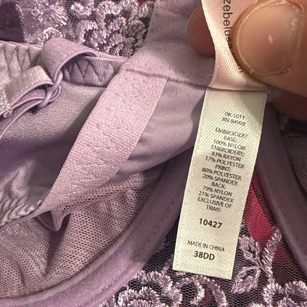 Jezebel Women’s Lace Plaid Sheer Underwire Bra Lingerie Purple Size 38DD/E - Picture 5 of 6